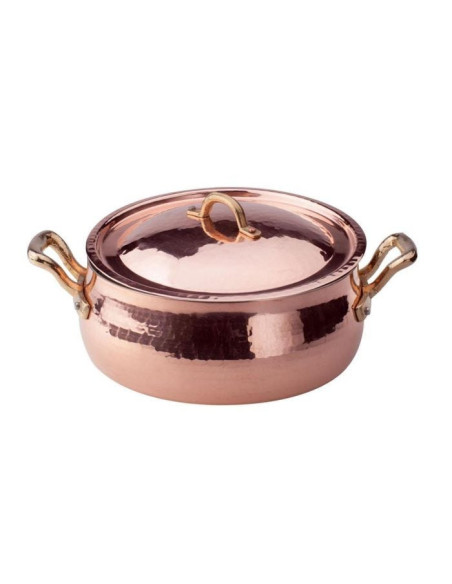 Cacerola baja y redonda de cobre martillado y estañado a mano de 2 mm con tapa, dos asas de latón, diámetro 28 cm