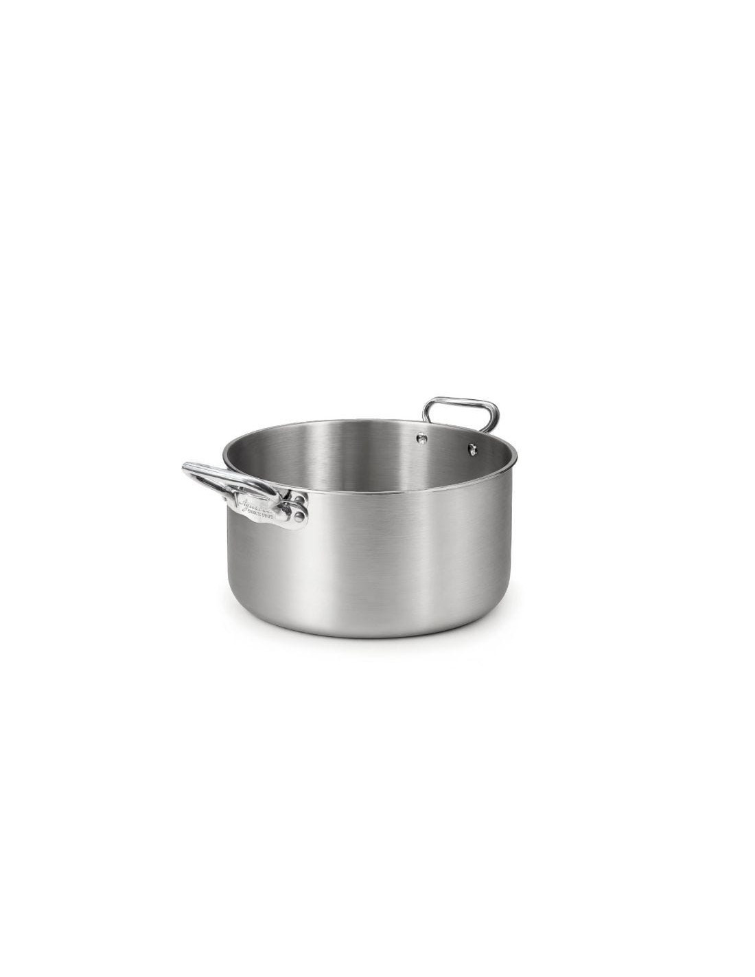 Cacerola alta en aluminio-inox triple acabado satinado, para inducción con dos asas, diámetro 45 cm.
