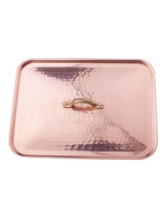 Tapa rectangular de cobre estañado martillado a mano, diámetro 36 cm.
