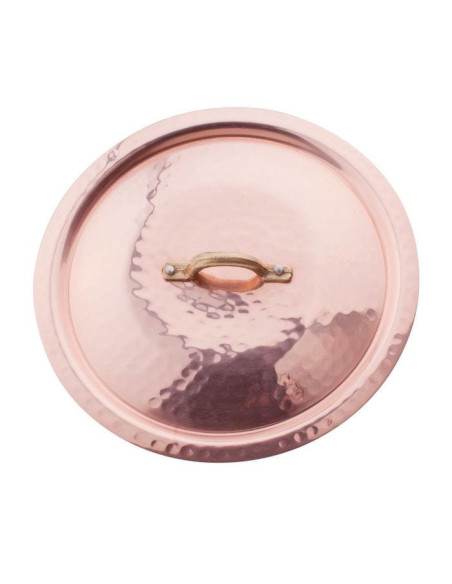 Tapa plana de cobre estañado martillado a mano, diámetro 20 cm.