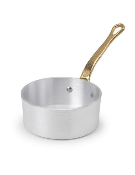 Cacerola baja de aluminio de 1932 con mango de latón, diámetro 10 cm.