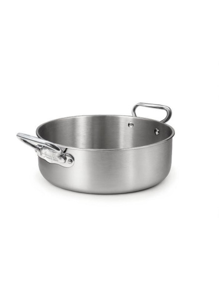 Cacerola baja en aluminio-inox triple acabado satinado, para inducción con dos asas, diámetro 28 cm.