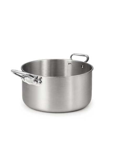 Cacerola alta en aluminio-inox triple acabado satinado, para inducción con dos asas, diámetro 32 cm.