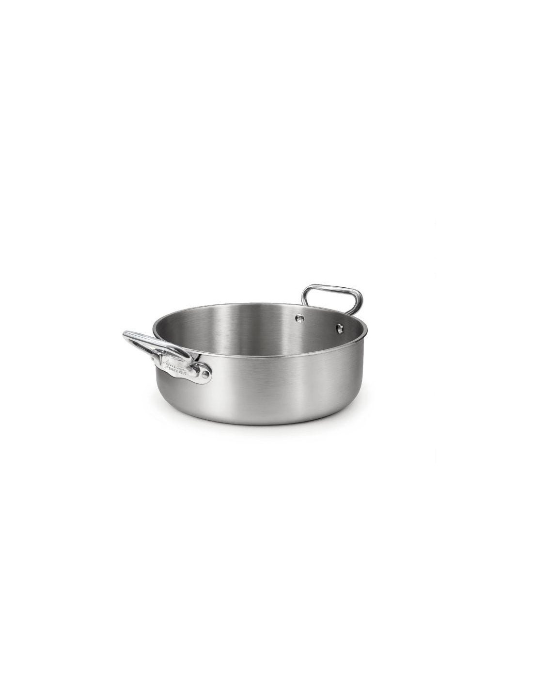Cacerola baja en aluminio-inox triple acabado satinado, para inducción con dos asas, diámetro 36 cm.