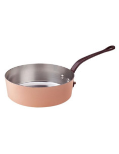 Cacerola baja de cobre liso estañado a mano de 2 mm, un mango de latón fundido, diámetro 24 cm