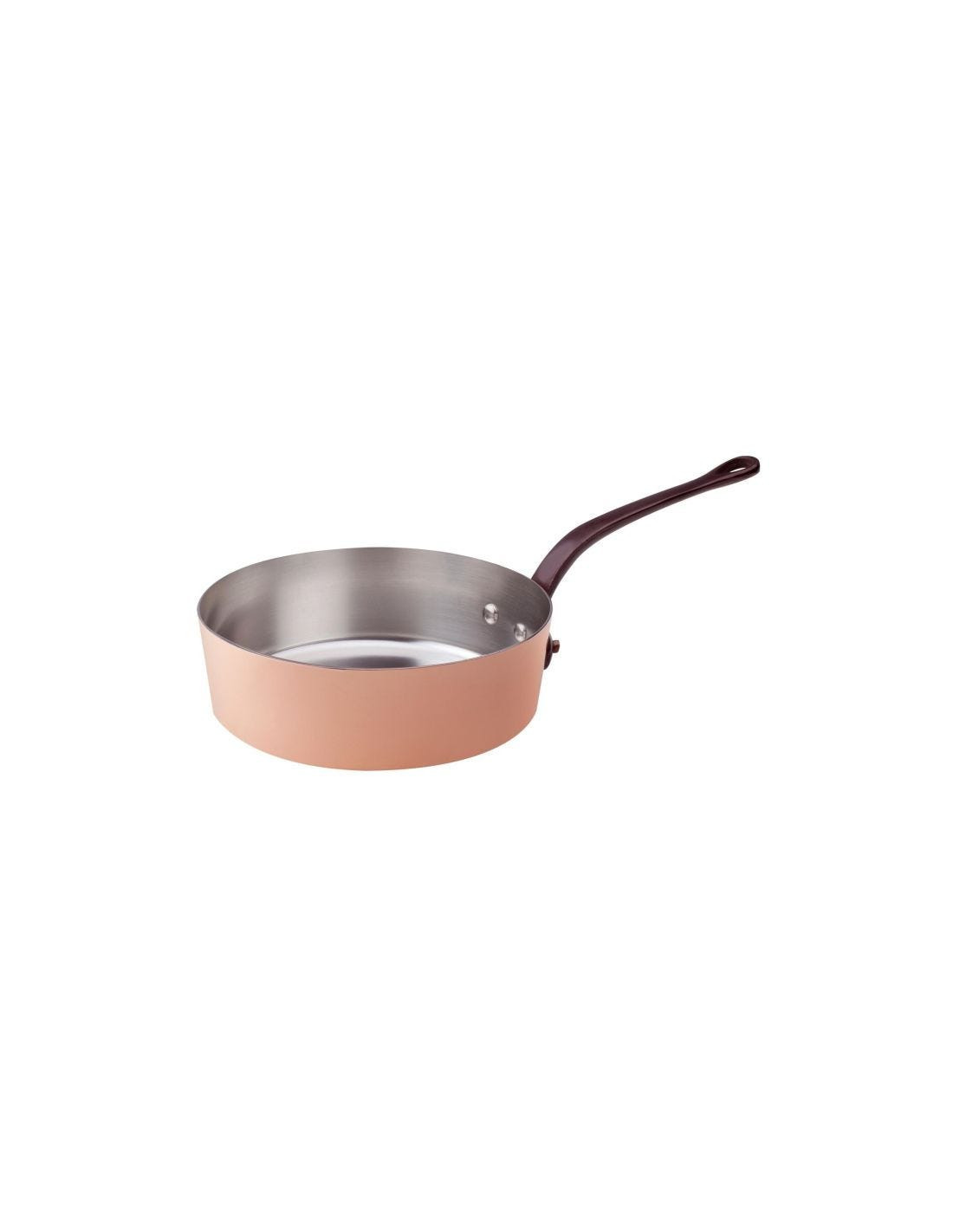 Cacerola baja de cobre liso estañado a mano de 2 mm, un mango de latón fundido, diámetro 24 cm