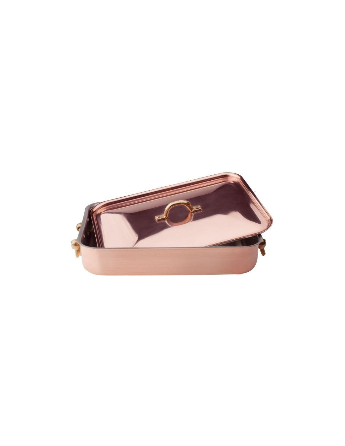 Bandeja rectangular para asar en cobre liso estañado a mano de 2 mm con tapa, dos asas de latón, tamaño 32X23cm