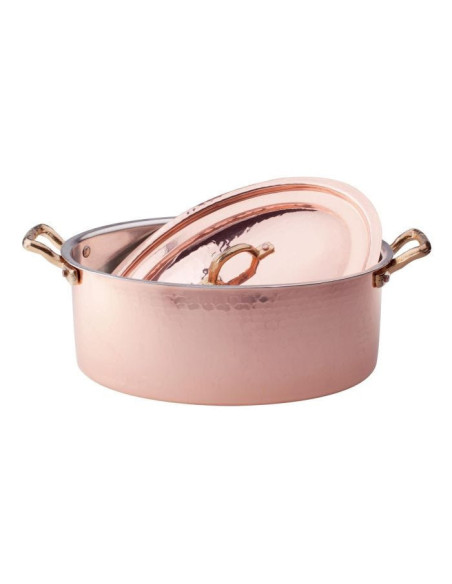 Cacerola ovalada de cobre martillado y estañado a mano de 2 mm con dos asas y tapa de latón, diámetro 30 cm.