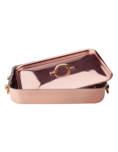 Bandeja rectangular para asar en cobre liso estañado a mano de 2 mm con tapa, dos asas de latón, tamaño 36x26cm