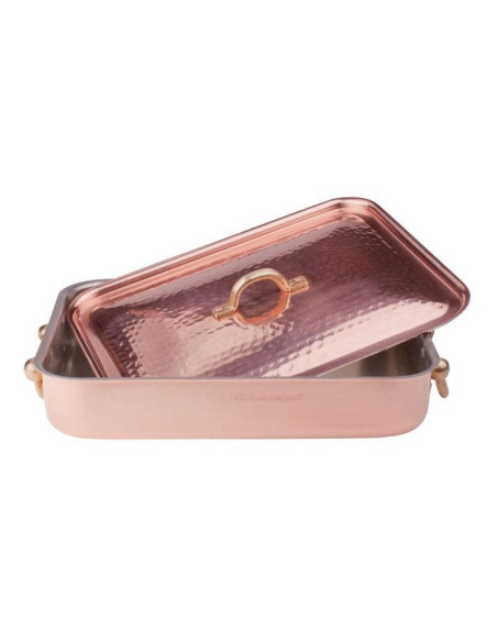 Bandeja rectangular para asar en cobre martillado y estañado a mano de 2 mm con tapa, dos asas de latón, tamaño 32X23cm