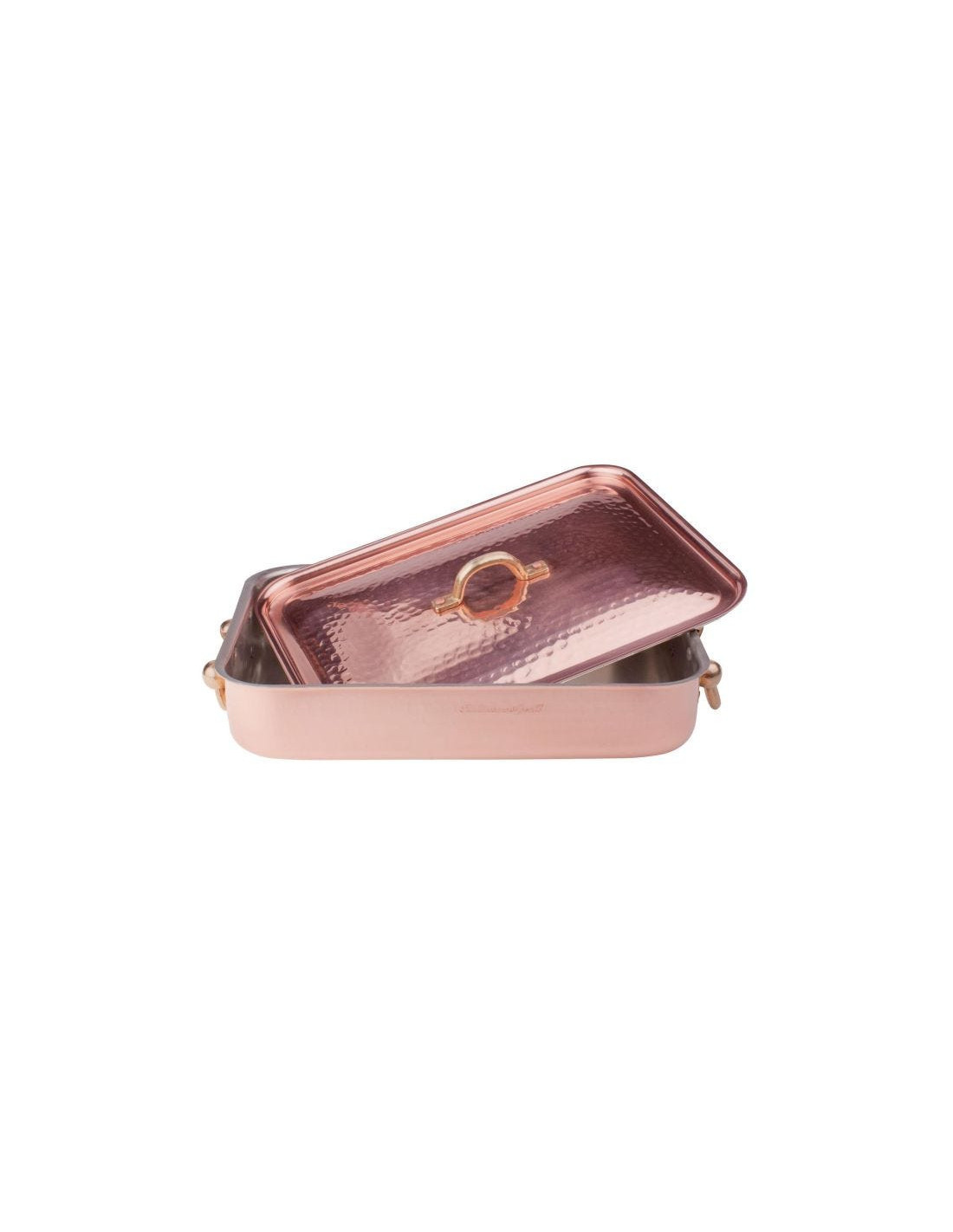 Bandeja rectangular para asar en cobre martillado y estañado a mano de 2 mm con tapa, dos asas de latón, tamaño 32X23cm