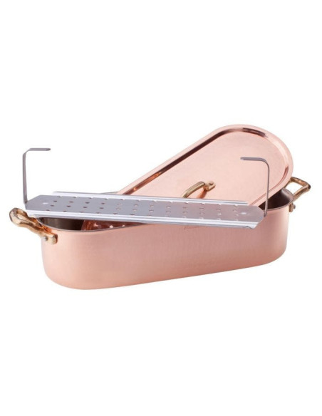 Pecera de cobre martillado y estañado a mano, de 2 mm de espesor, con dos asas de latón, tapa y rejilla, tamaño 40x10cm