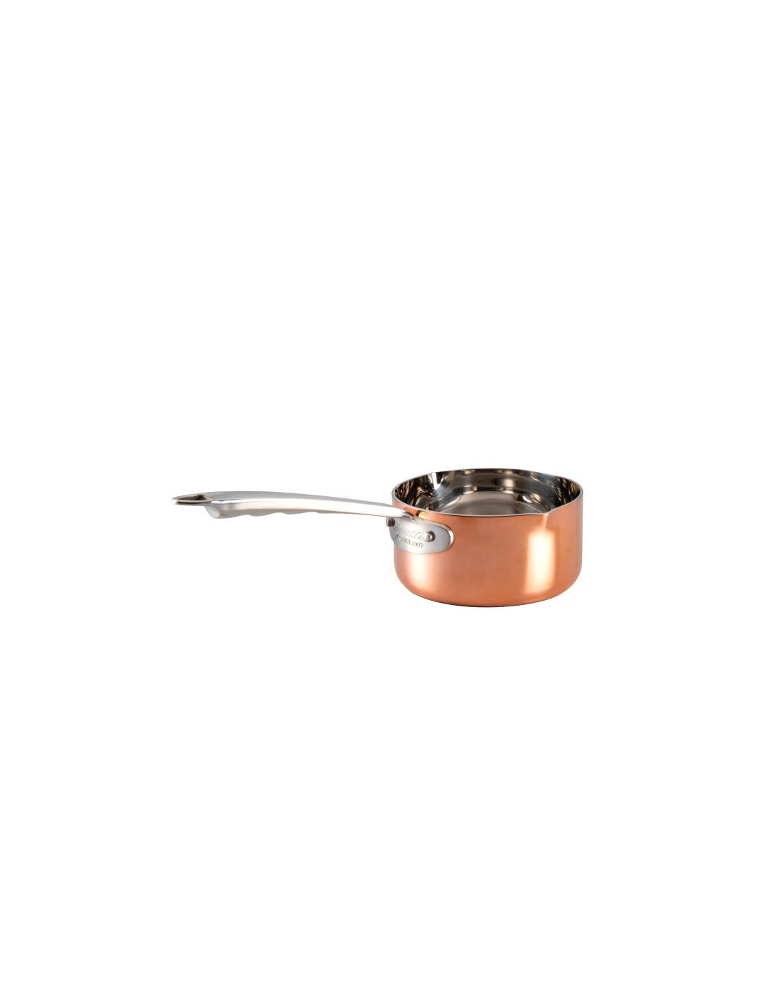 Cacerola alta en trilaminado de cobre para inducción con un asa y dos caños, diámetro 14 cm.