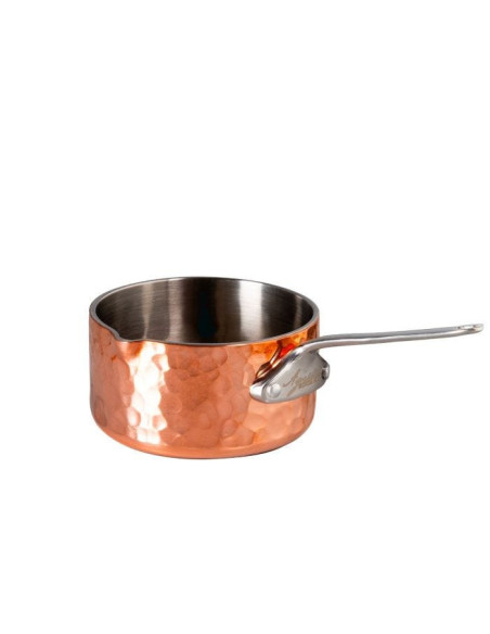 Cacerola de cobre martillado para servir, con pico a la derecha, un asa, diámetro 5 cm.