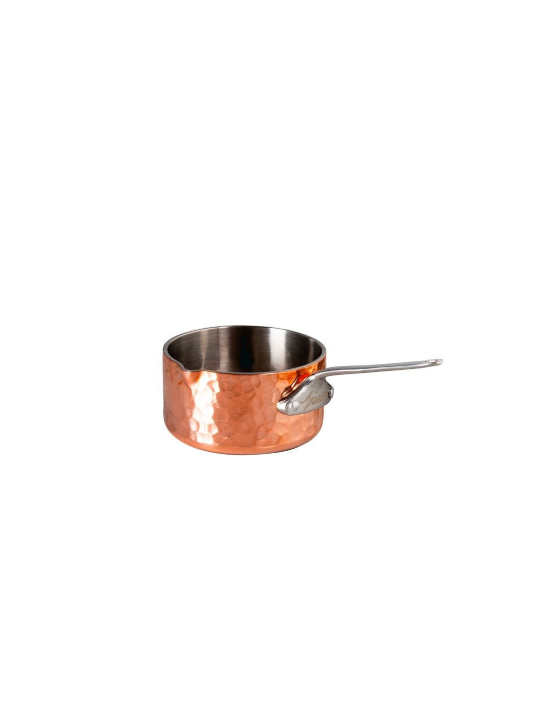Cacerola de cobre martillado para servir, con pico a la derecha, un asa, diámetro 9 cm.